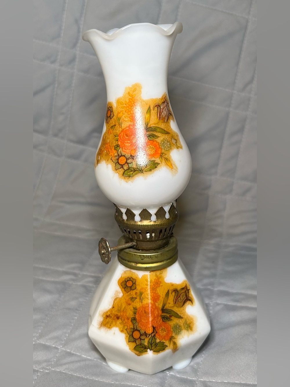Vintage Minature Oil Lamp- White Milk Glass Floral Shade
